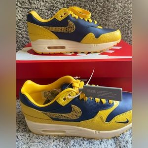 Brand new in box. Nike Air Max 1 PRM midnight navy/varsity maize. Wmns sz 7